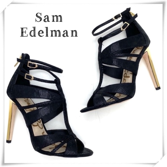 SAM Edelman Pepper Lizards Leather Strap Gold High Heel Sandal in Black Size 7.5 - Picture 1 of 11